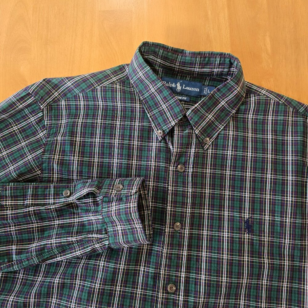 Ralph Lauren Men's Custom Fit Button Up Shirt Green Navy Plaid Pony Logo Large